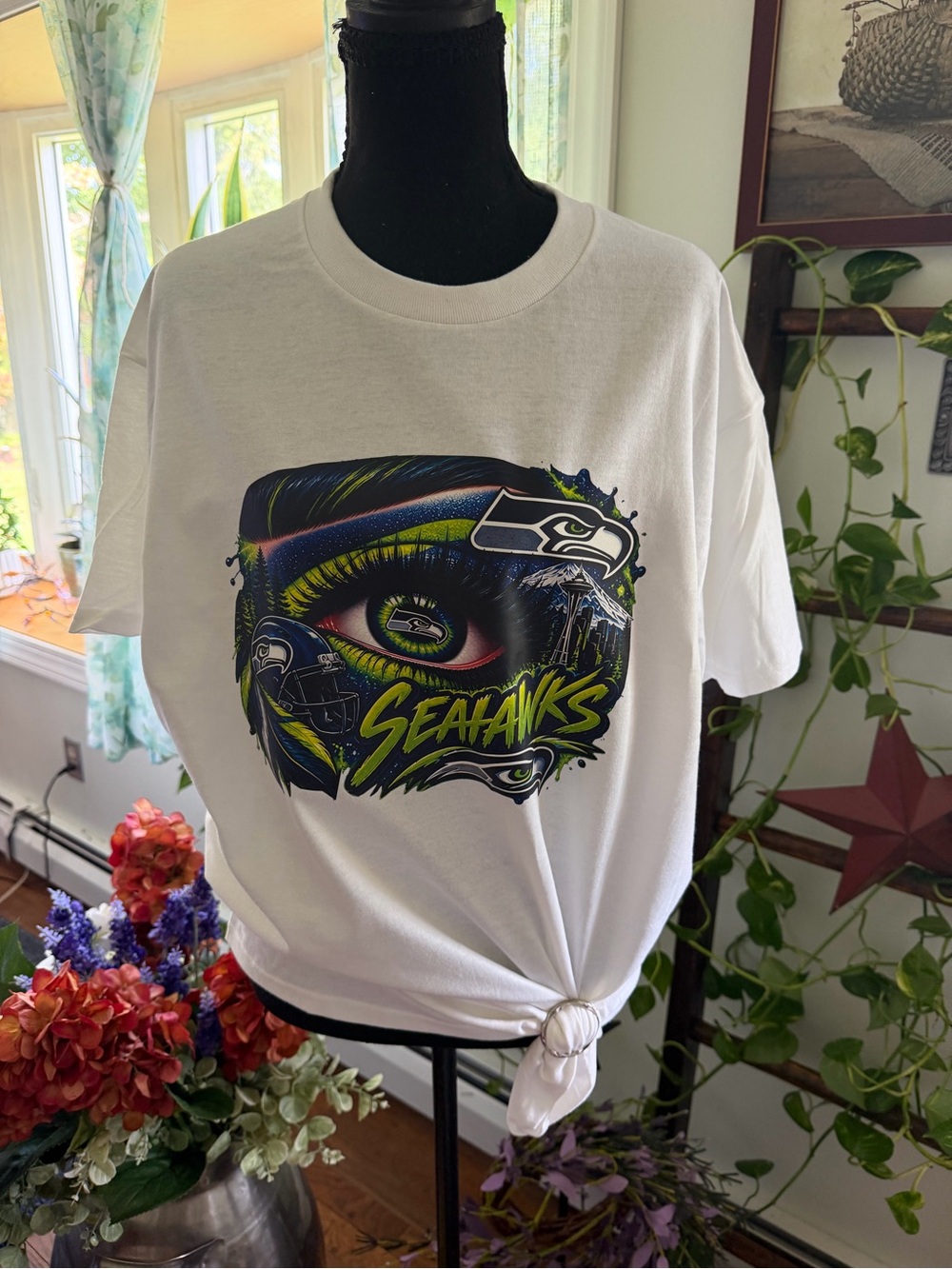Seahawks White Tee with Navy and Neon Green Seahawks Eye Graphic